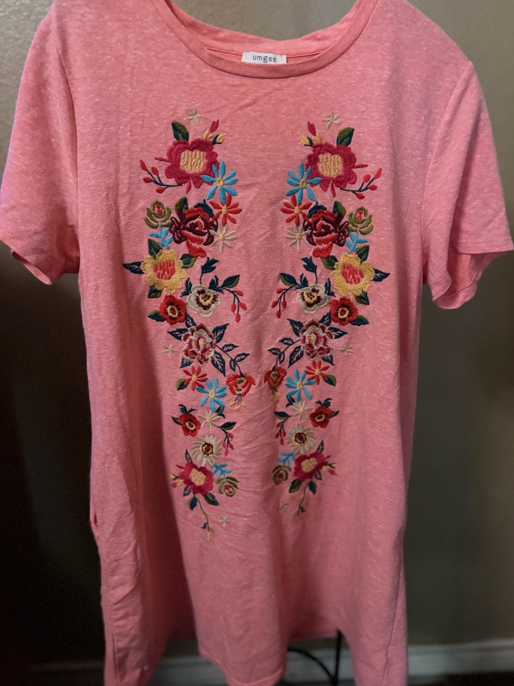 Umgee Coral Pink Floral Embroidered Tee